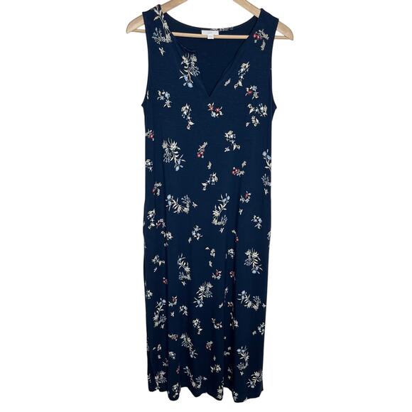 J. Jill Womens Sleeveless Jersey Maxi Dress Small Navy Floral Pockets Comfort - Picture 3 of 10
